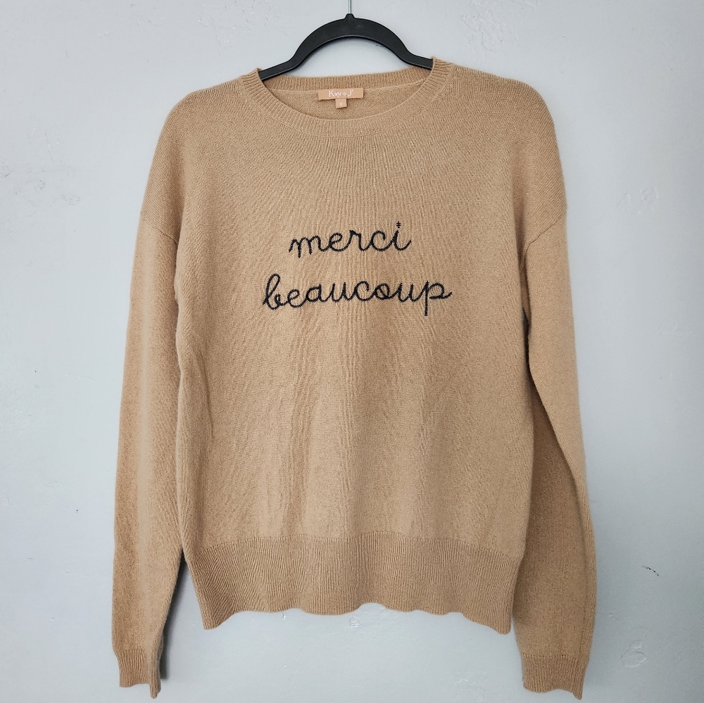 Kier + J Cashmere Embroidered Crew Neck Tan Sweatshirt sz Small
